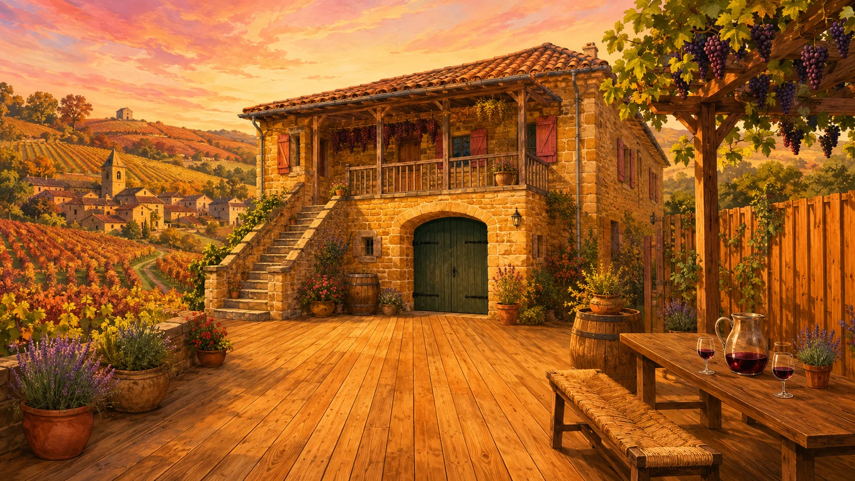 Illustration paysagère du dépôt avec terrasse en bois et clôture